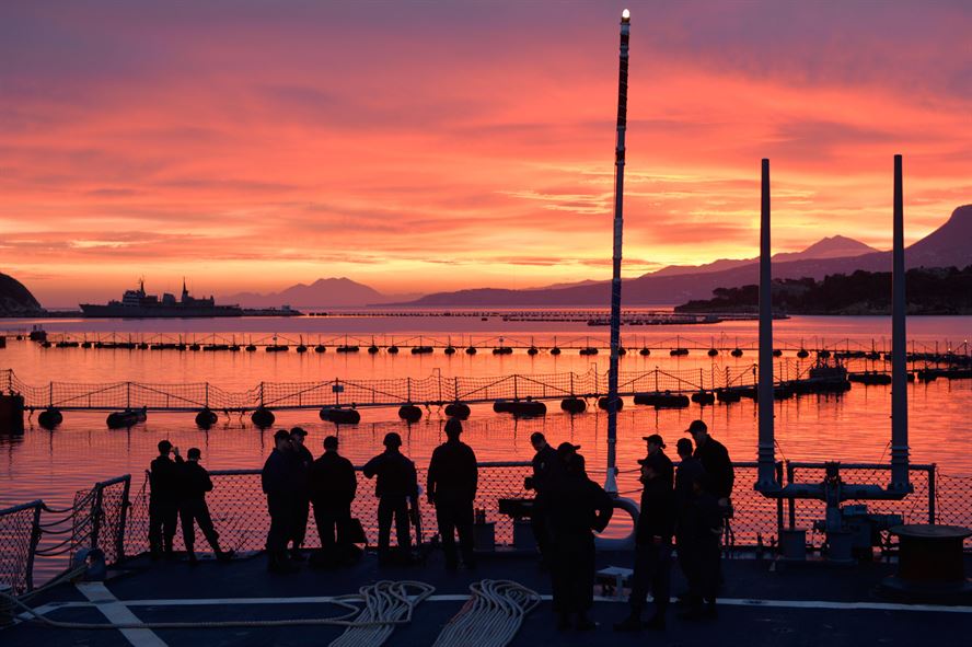 U.S. sailors aboard USS Ross conduct sea and anchor detail before departing Souda Bay, Greece, Jan. 10, 2016.