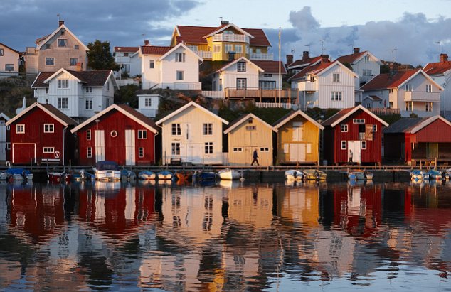 Houses by the sea at sunset, Sweden