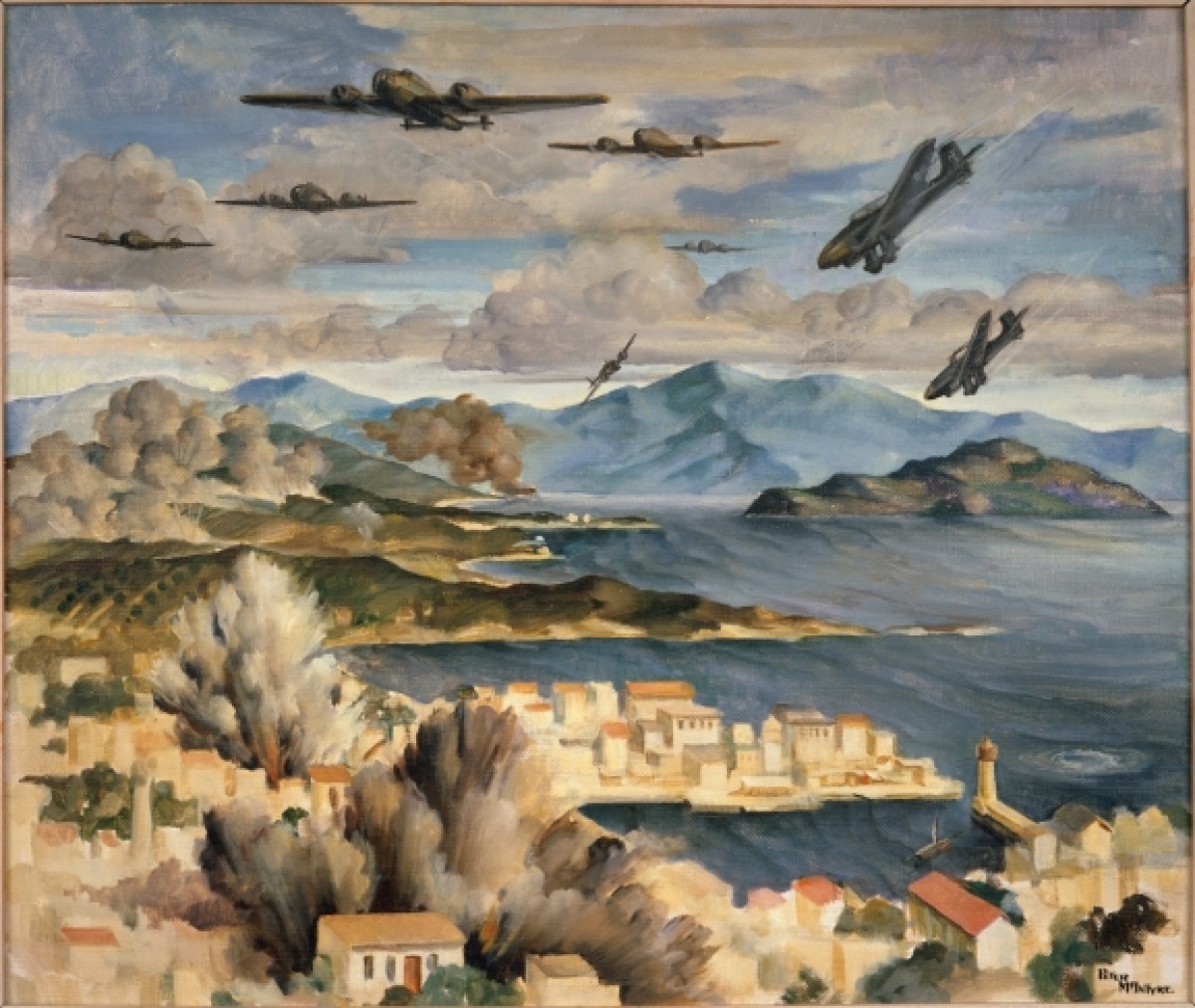 Peter McIntyre, The Blitz, Canea Crete area defended by NZ’ers, May 1941