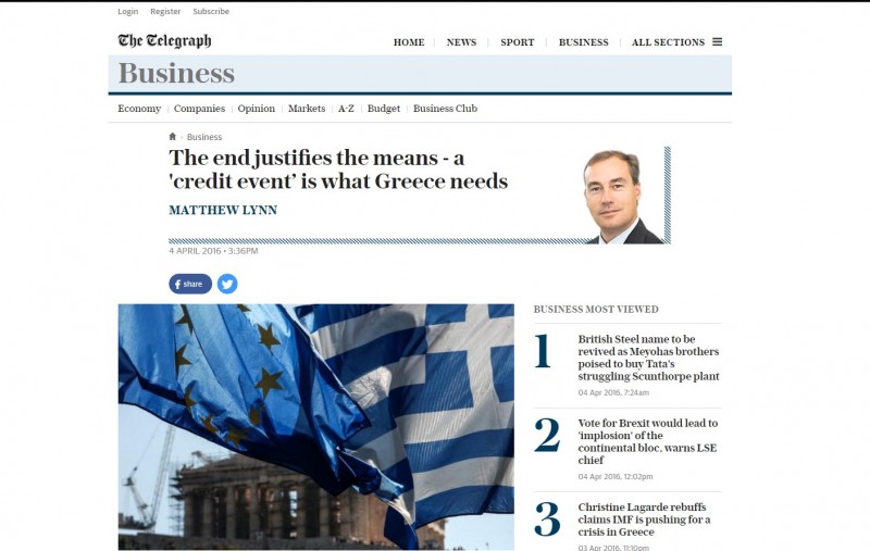 Telegraph: To πρόγραμμα απότυχε. Αυτό που χρειάζεται η Ελλάδα είναι ένα πιστωτικό γεγονός