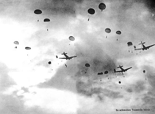 German paratroopers jumping from their aircraft, Crete, May 1941