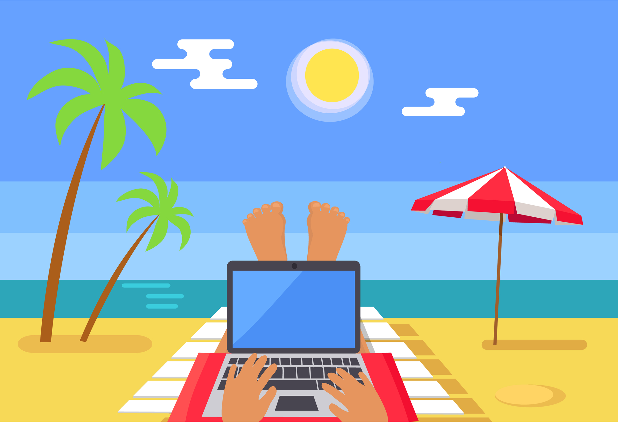 Freelancer Works on Laptop at Tropic Beach Resort