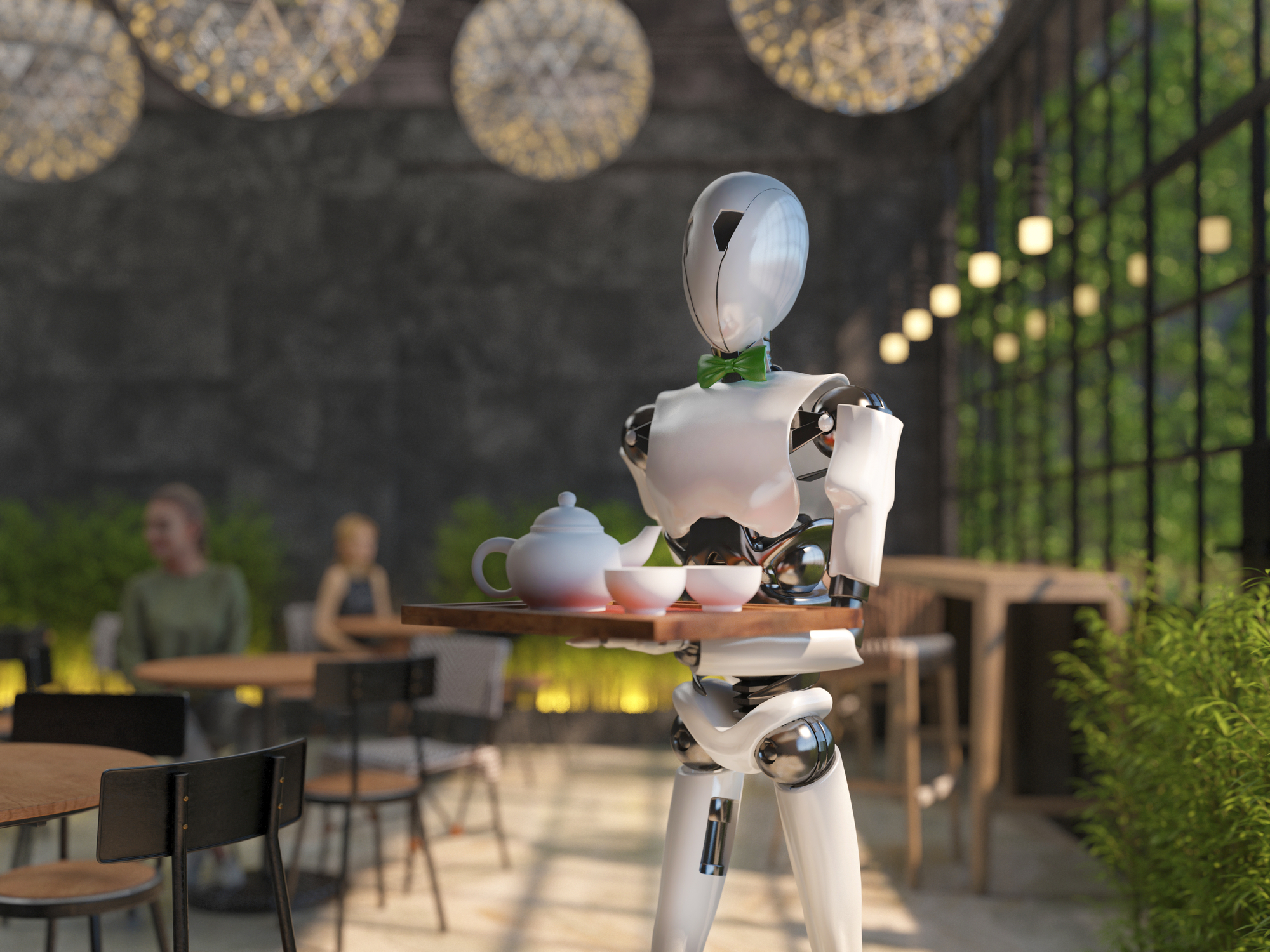 A humanoid robot waiter carries a tray of food and drinks in a r