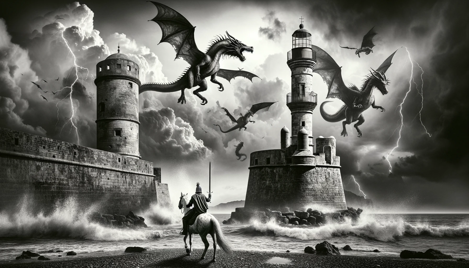 DALL·E 2023-11-28 10.40.07 – Create a photorealistic black and white image in landscape format, in the style of Salvador Dali, featuring a medieval knight riding his horse towards