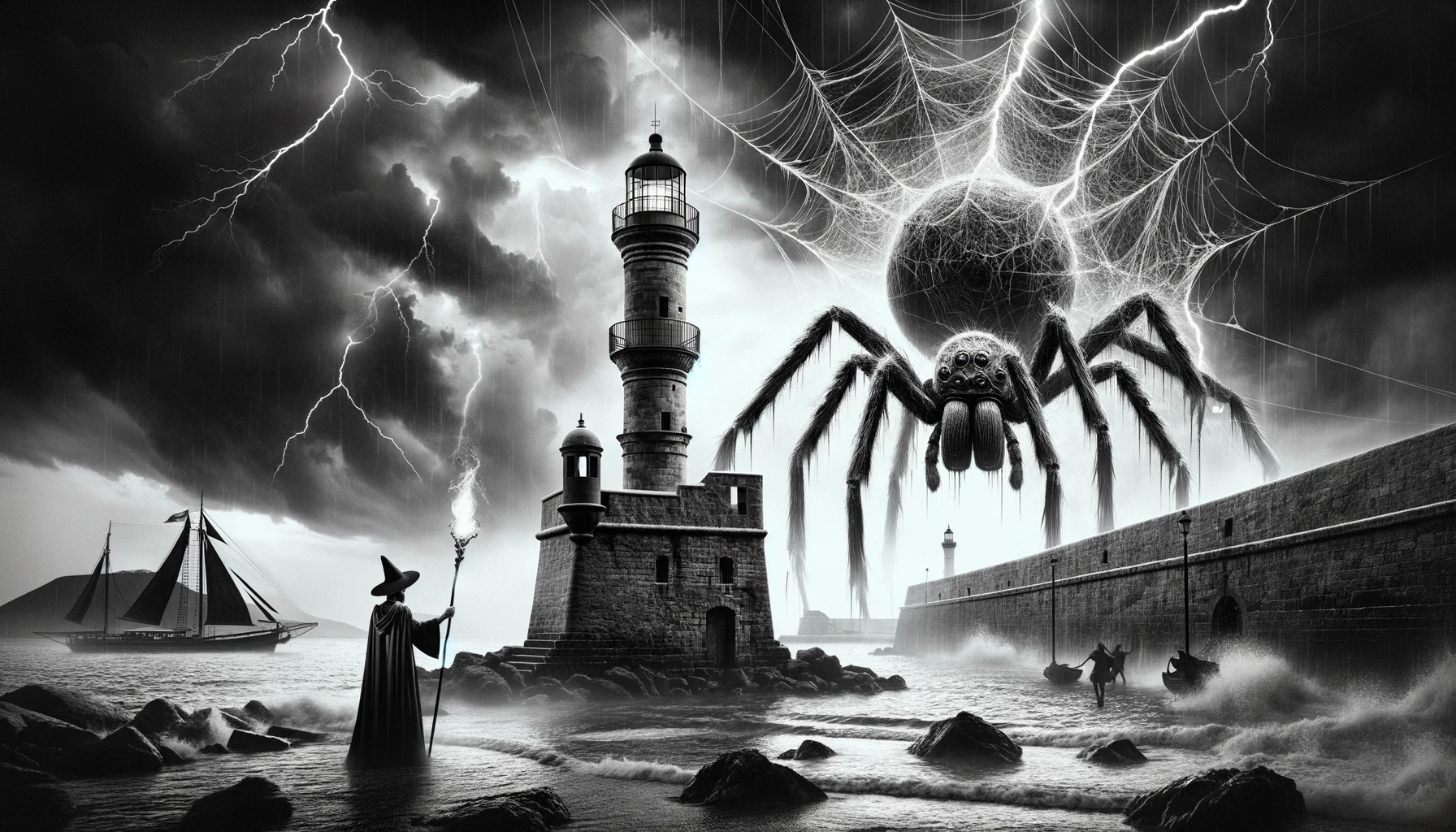 DALL·E 2023-11-29 00.31.09 – Create a high-contrast black and white image in the style of Sebastião Salgado, featuring a scene at the Old Harbor of Chania during a stormy night. T