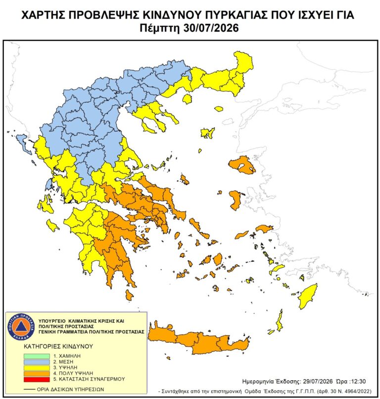 Πολύ Υψηλός Κίνδυνος Πυρκαγιάς για αύριο Πέμπτη 30 Ιουλίου 2026 σε όλη την Κρήτη