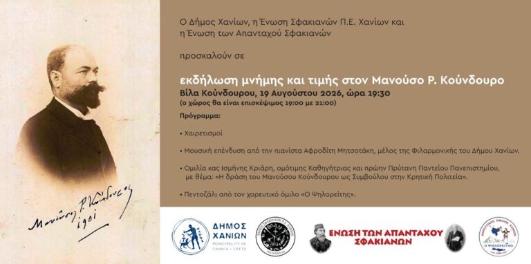 Εκδήλωση μνήμης για τον Μανούσο Ρ. Κούνδουρο στη Βίλα Κούνδουρου στα Χανιά